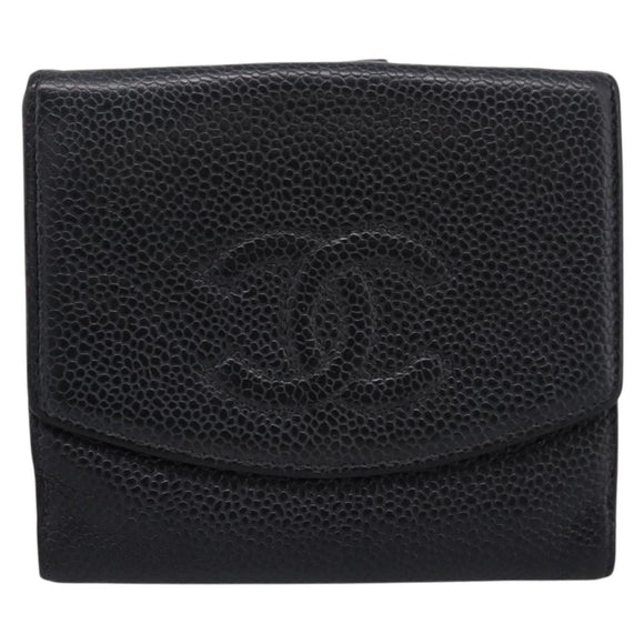 CHANEL Wallet Caviar Skin Black Gold CC Auth 207488