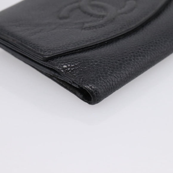 CHANEL Wallet Caviar Skin Black Gold CC Auth 207488