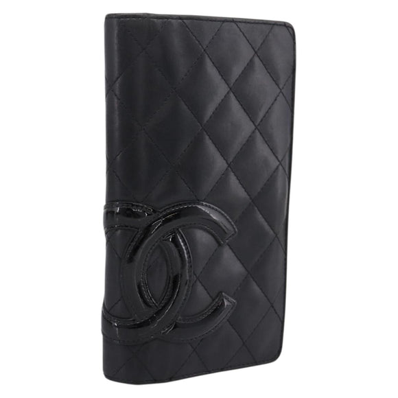 CHANEL Matelasse Cambon Line Long Wallet Lamb Skin Black CC Auth 207495