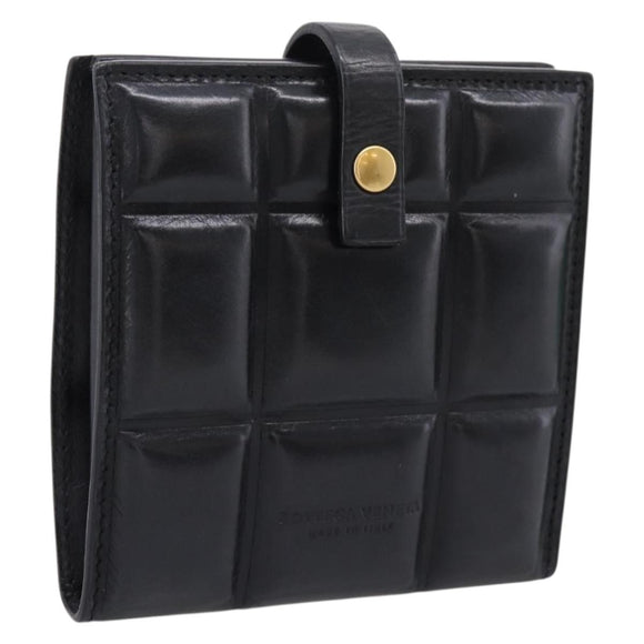 Bottega Veneta Padded Compact Wallet Leather Black Gold Tone Auth 207496M