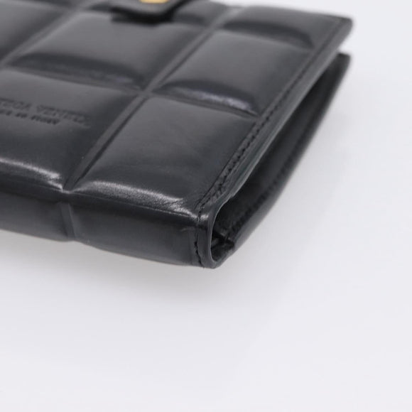 Bottega Veneta Padded Compact Wallet Leather Black Gold Tone Auth 207496M