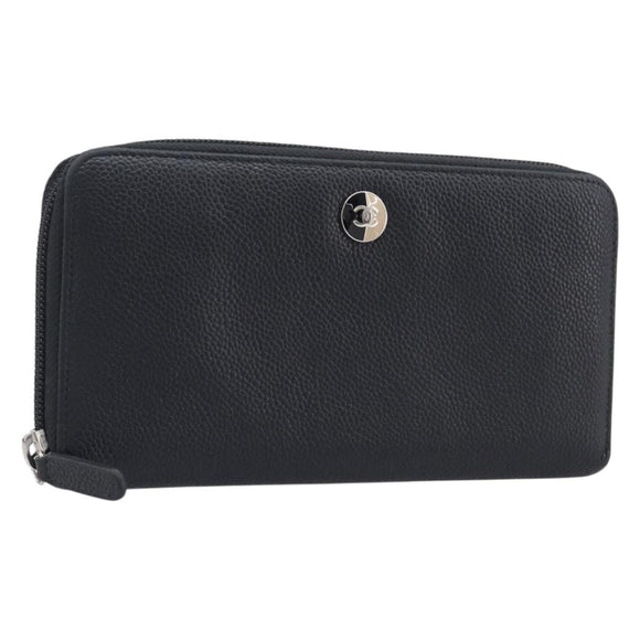 CHANEL Long Wallet Caviar Skin Black Silver CC Auth 207498V
