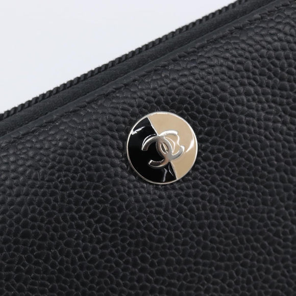 CHANEL Long Wallet Caviar Skin Black Silver CC Auth 207498V