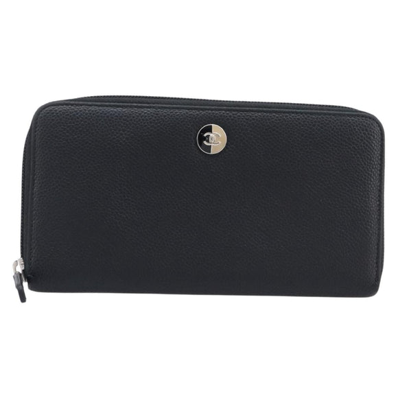 CHANEL Long Wallet Caviar Skin Black Silver CC Auth 207498V