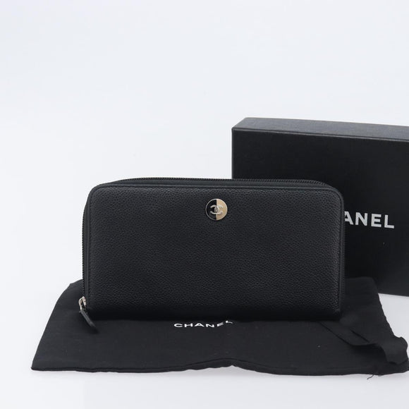 CHANEL Long Wallet Caviar Skin Black Silver CC Auth 207498V