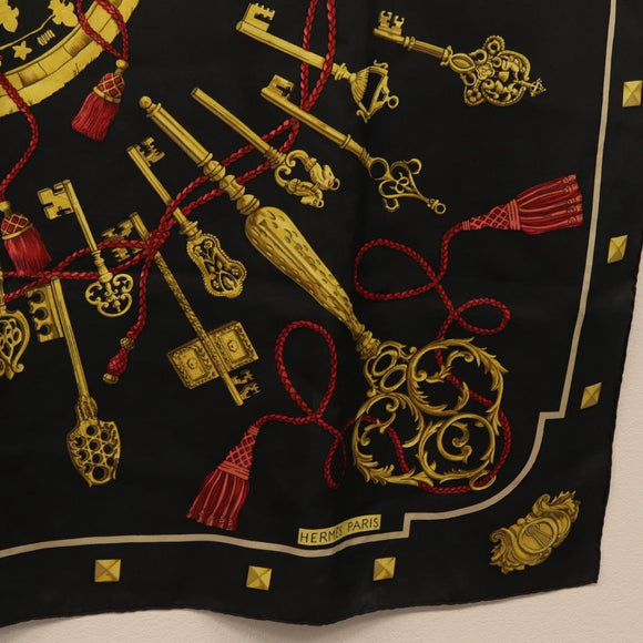 HERMES Carre 90 Scarf ""LES CLES"" Silk Black Auth 207504