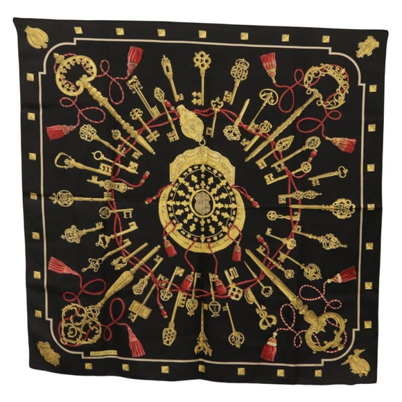 HERMES Carre 90 Scarf ""LES CLES"" Silk Black Auth 207504