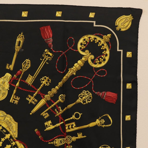 HERMES Carre 90 Scarf ""LES CLES"" Silk Black Auth 207504