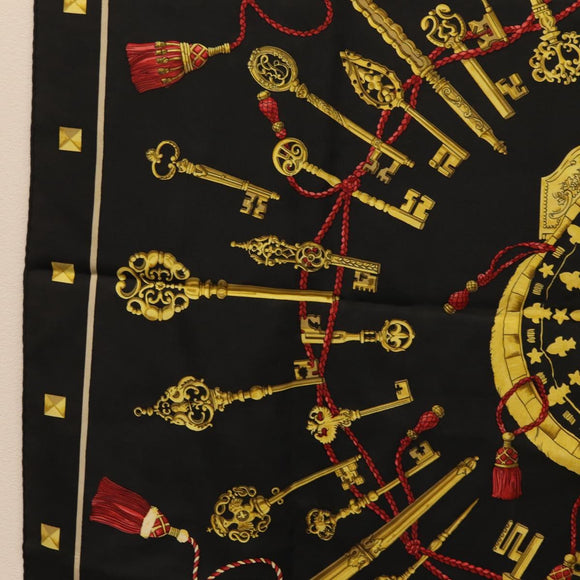 HERMES Carre 90 Scarf ""LES CLES"" Silk Black Auth 207504