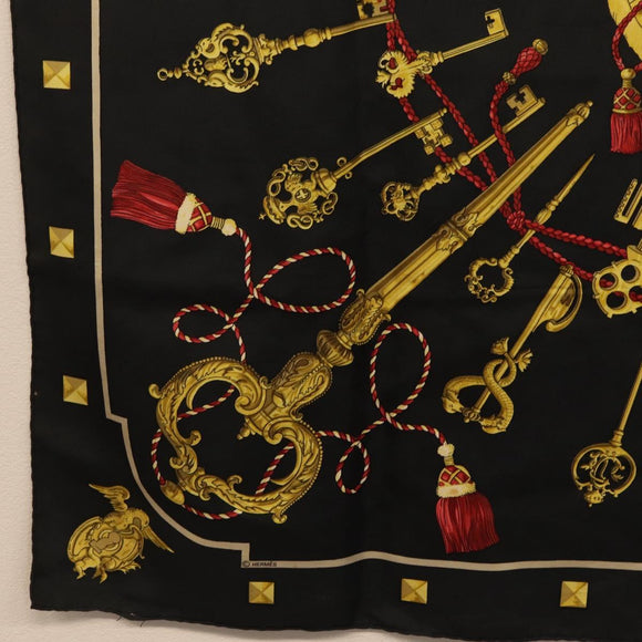 HERMES Carre 90 Scarf ""LES CLES"" Silk Black Auth 207504
