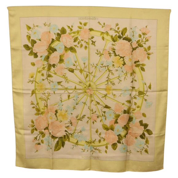 HERMES Carre 90 Scarf ""ROMANTIQUE Foulard Soie Vert Rose blanc"" Auth 207505