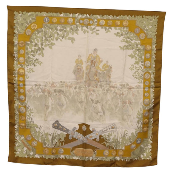 HERMES Carre 90 Scarf ""LES AMAZONES"" Silk Brown Auth 207506
