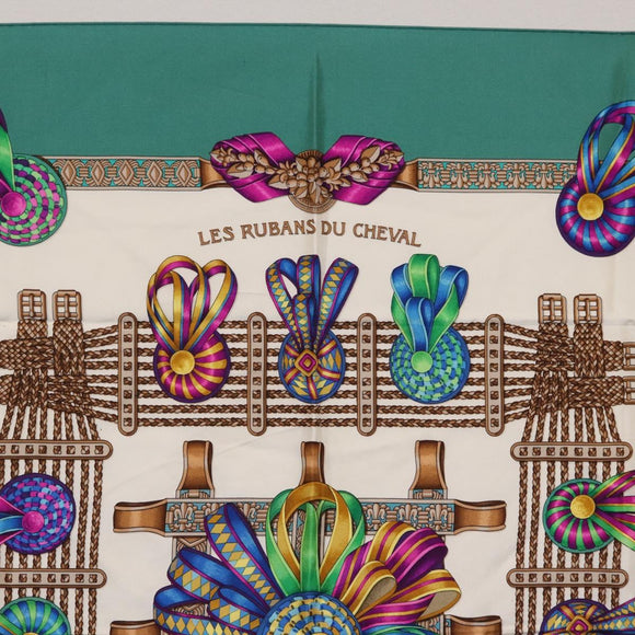 HERMES Carre 90 Scarf ""LES RUBANS DU CHEVALL"" Silk Green Auth 207507