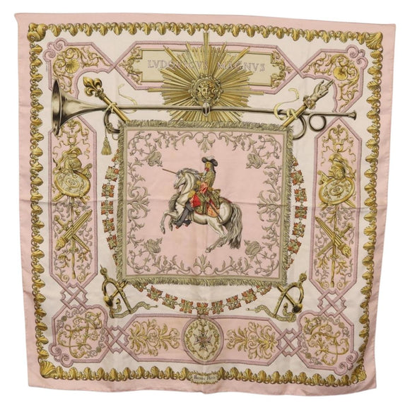 HERMES Carre 90 Scarf ""LVDOVICVS MAGNVS"" Silk Pink Auth 207508