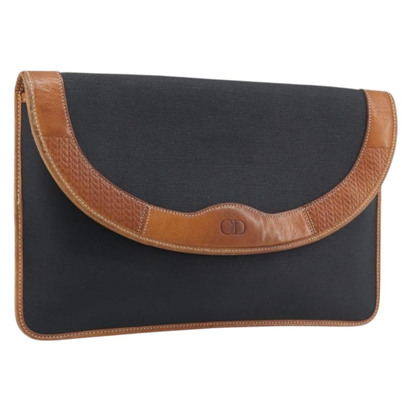 Christian Dior Clutch Bag Canvas Black Gold Auth 207523
