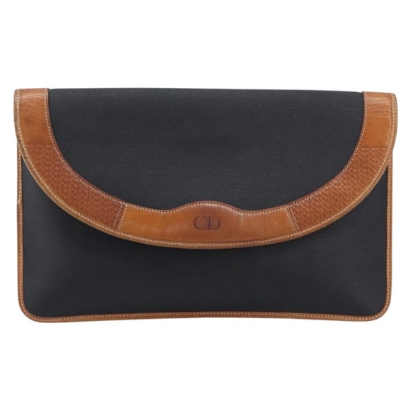 Christian Dior Clutch Bag Canvas Black Gold Auth 207523