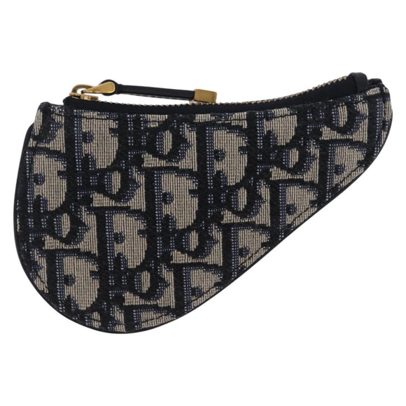 Christian Dior Trotter Canvas Saddle Coin Purse Navy Gold Auth 207530M