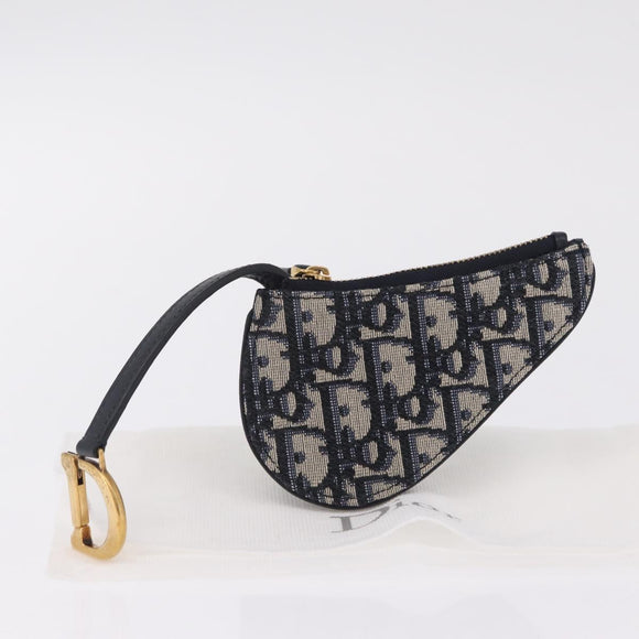 Christian Dior Trotter Canvas Saddle Coin Purse Navy Gold Auth 207530M