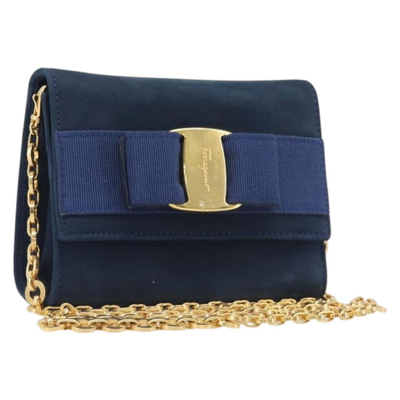 Salvatore Ferragamo Vala Chain Shoulder Bag Suede Navy Gold Tone Auth 207538