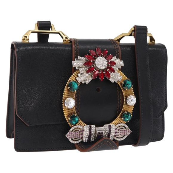 Miu Miu Madras Shoulder Bag Leather Black Gold Tone Auth 207539M