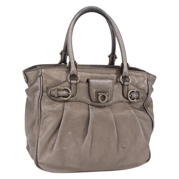 Salvatore Ferragamo Gancini Hand Bag Leather Silver Auth 207554A
