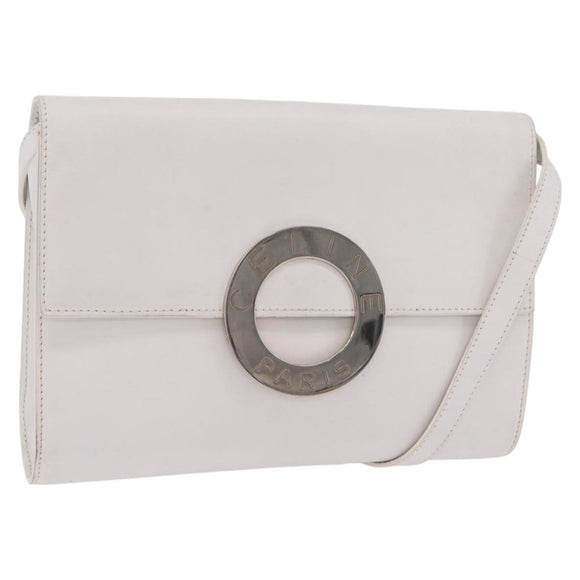 CELINE Circle Shoulder Bag Leather White Silver Auth 207586A