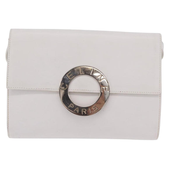 CELINE Circle Shoulder Bag Leather White Silver Auth 207586A