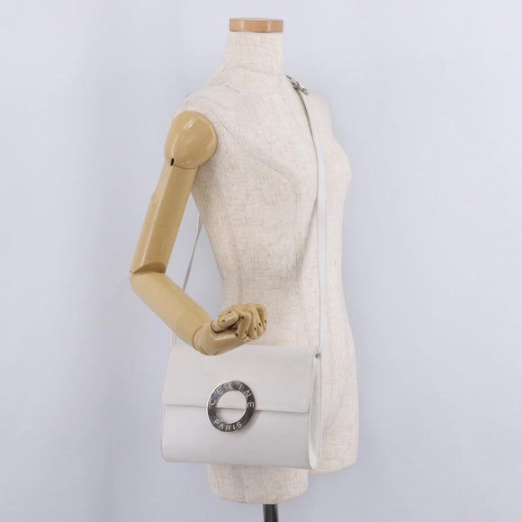 CELINE Circle Shoulder Bag Leather White Silver Auth 207586A