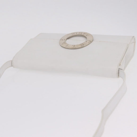 CELINE Circle Shoulder Bag Leather White Silver Auth 207586A
