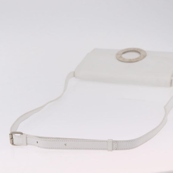 CELINE Circle Shoulder Bag Leather White Silver Auth 207586A