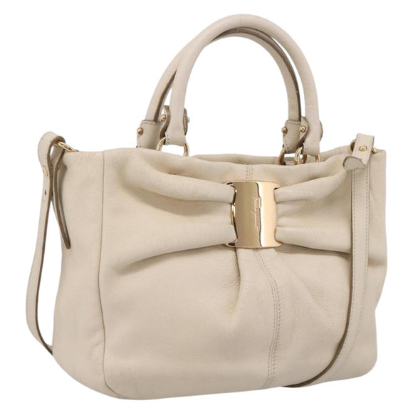Salvatore Ferragamo Vala Shoulder Bag Leather 2way Ivory Gold Tone Auth 207588