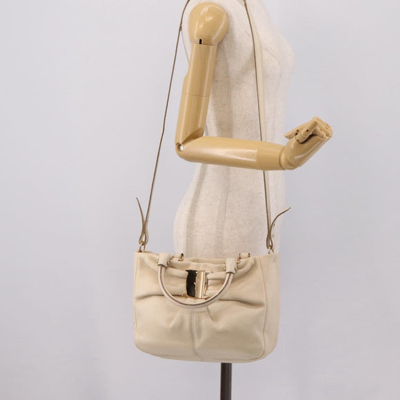Salvatore Ferragamo Vala Shoulder Bag Leather 2way Ivory Gold Tone Auth 207588