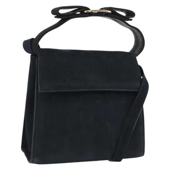 Salvatore Ferragamo Vala Shoulder Bag Suede Navy Gold Tone Auth 207593