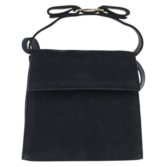 Salvatore Ferragamo Vala Shoulder Bag Suede Navy Gold Tone Auth 207593