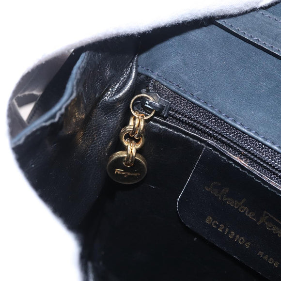 Salvatore Ferragamo Vala Shoulder Bag Suede Navy Gold Tone Auth 207593