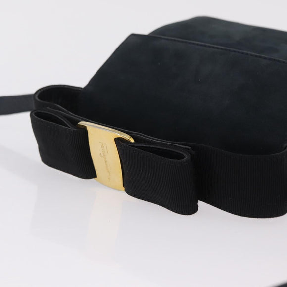 Salvatore Ferragamo Vala Shoulder Bag Suede Navy Gold Tone Auth 207593