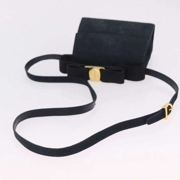 Salvatore Ferragamo Vala Shoulder Bag Suede Navy Gold Tone Auth 207593