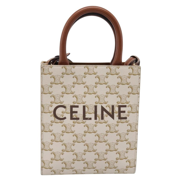 CELINE Triomphe Mini Vertical Cabas Hand Bag PVC 2way White Gold Auth 207623V