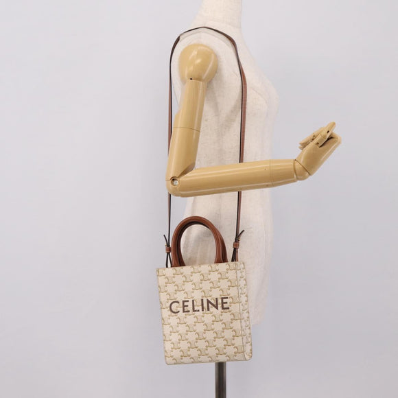 CELINE Triomphe Mini Vertical Cabas Hand Bag PVC 2way White Gold Auth 207623V