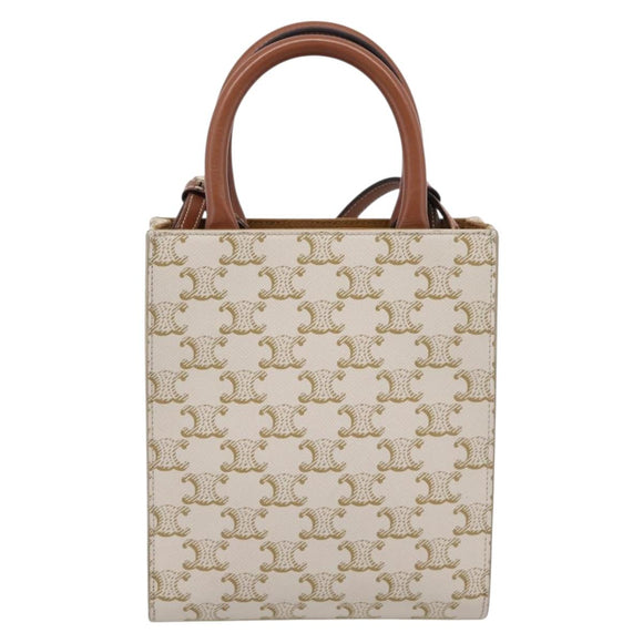 CELINE Triomphe Mini Vertical Cabas Hand Bag PVC 2way White Gold Auth 207623V