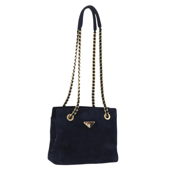 PRADA Chain Shoulder Tote Bag Suede Navy Gold Auth 207632V