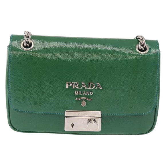 PRADA Chain Shoulder Bag Safiano Leather Green Silver Auth 207634V