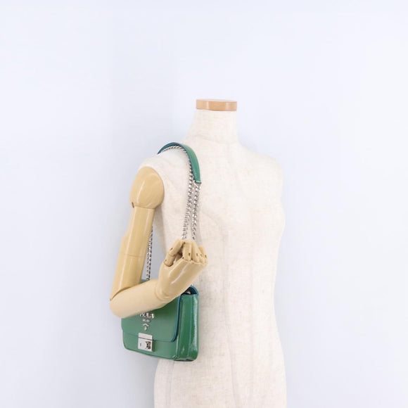 PRADA Chain Shoulder Bag Safiano Leather Green Silver Auth 207634V