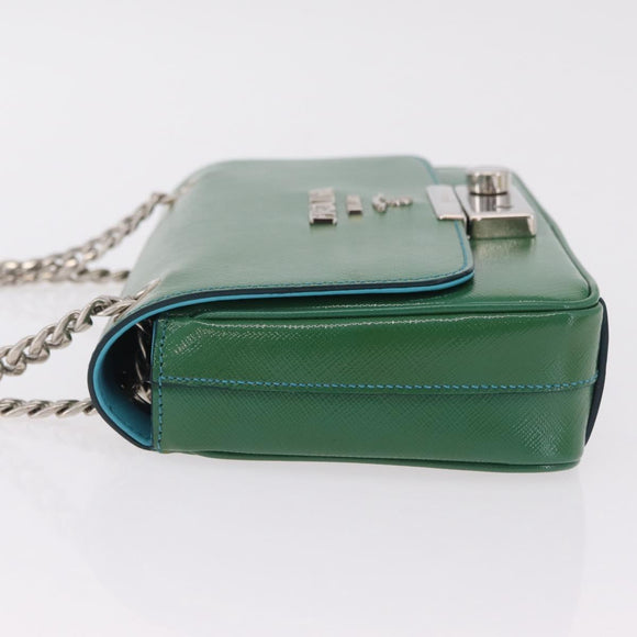 PRADA Chain Shoulder Bag Safiano Leather Green Silver Auth 207634V
