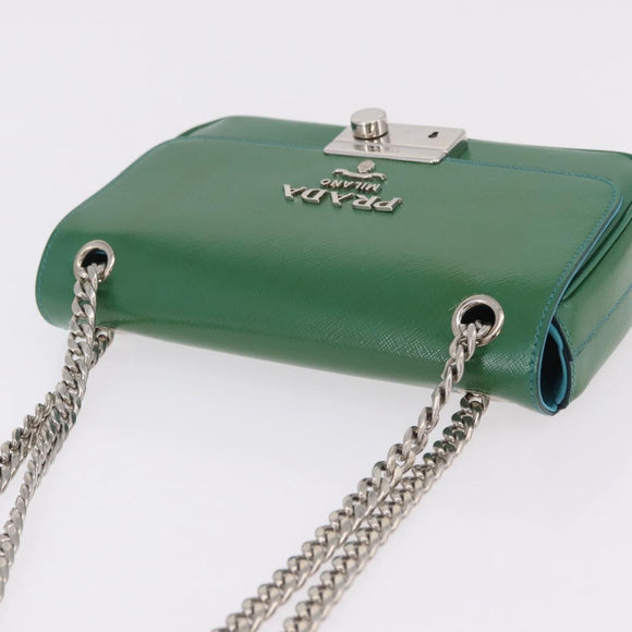 PRADA Chain Shoulder Bag Safiano Leather Green Silver Auth 207634V