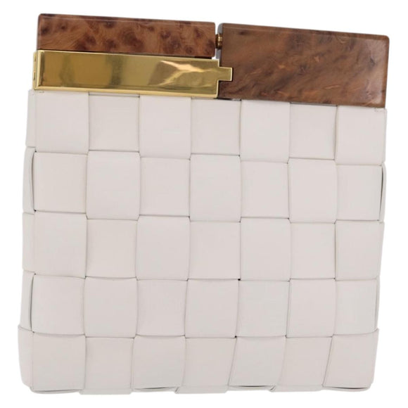 Bottega Veneta MAXI INTRECCIATO Clutch Bag Leather White Gold Auth 207638M