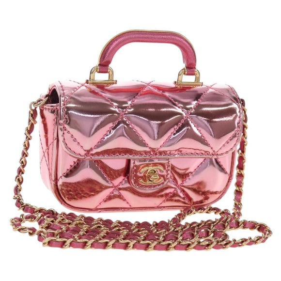 CHANEL Matelasse Chain Shoulder Pouch Patent Leather 2way Pink CC Auth 207644SM