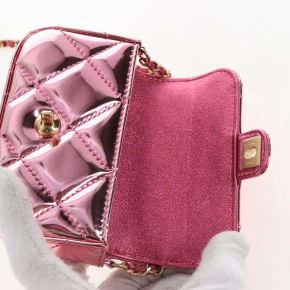 CHANEL Matelasse Chain Shoulder Pouch Patent Leather 2way Pink CC Auth 207644SM