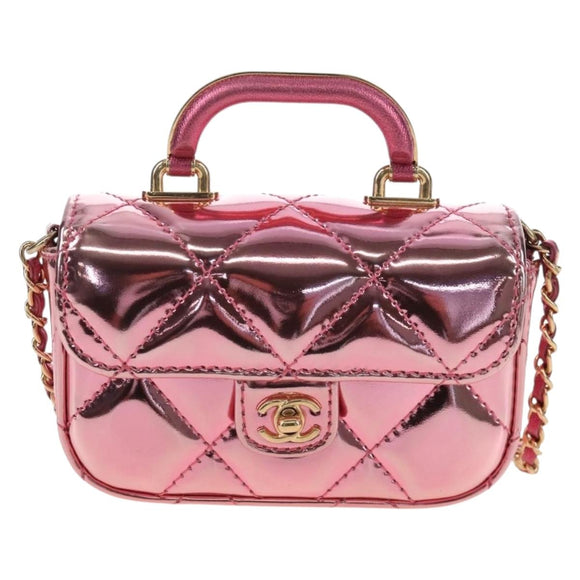 CHANEL Matelasse Chain Shoulder Pouch Patent Leather 2way Pink CC Auth 207644SM