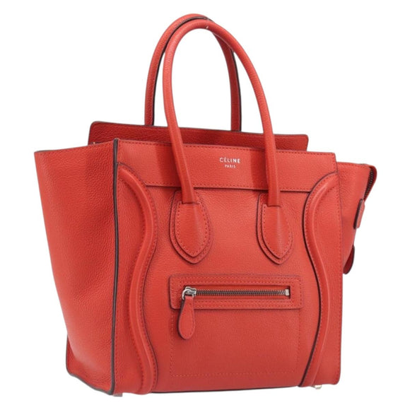 CELINE Luggage Micro Shopper Hand Bag Leather Red Silver Auth 207671V